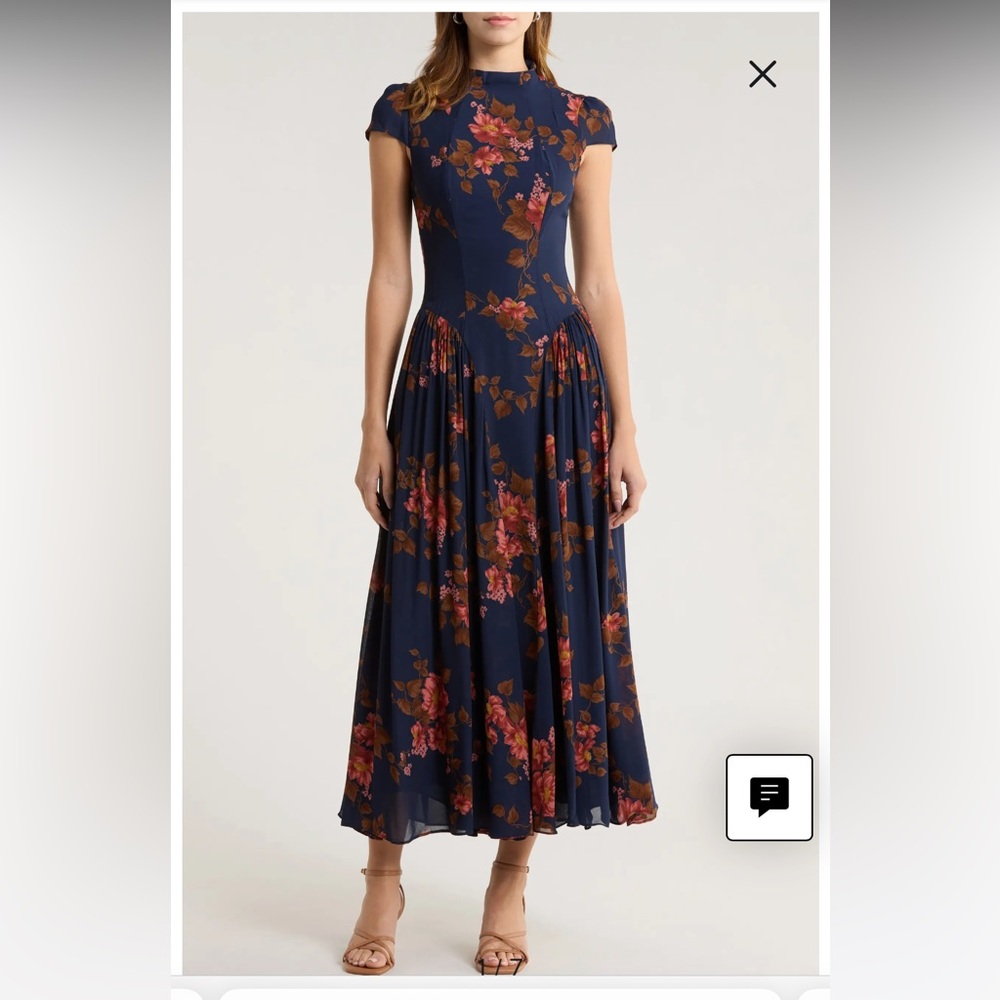 Reformation Navy Blue Floral Midi Dress with Rust Pink Blooms